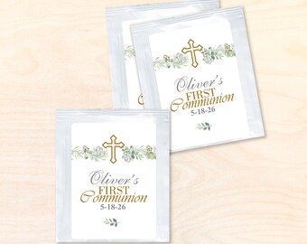 Personalized First Communion Tea Bag Favors: Floral Cross, Set of 24