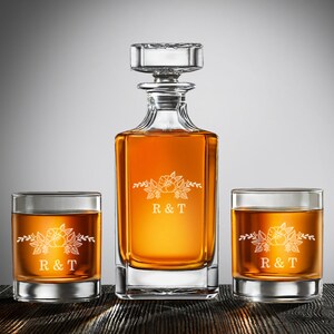 Rustic Floral Initial Personalized Whiskey Decanter Set or Whiskey Rock Glass, Personalized Engraved Whiskey Decanter or Whiskey Rock Glass