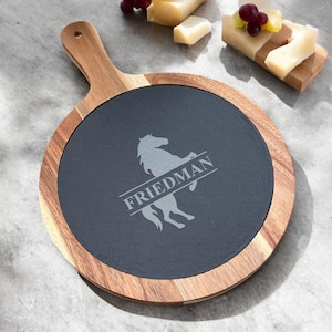 Equestrian Personalized Slate & Wood Paddle Cheese Board, Personalized Horse Cheese Board, Cutting Board Gifts, Horse Lover&#39;s Gifts DM52