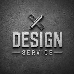 May include: A dark gray textured surface featuring the embossed silver text DESIGN SERVICE in a bold sans-serif font. Above the text, a silver pencil and a small ruler are positioned in a crossed X-shape, creating a professional graphic logo.