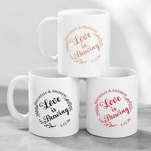 Wedding Favors, Set of 12 Love is Brewing Personalized White Ceramic 10 oz Coffee Mug DM328 Wedding Coffee Favors, Wedding Souveniers