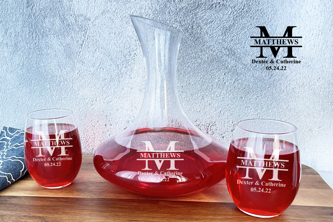 Personalized Wine Decanter & Stemless Wine Glass Gift Set - Teals Prairie &  Co.®