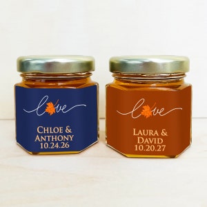 Set of 12 Fall Love Personalized Honey Jar Favors, Fall Autumn Wedding Honey Party Favors DM22