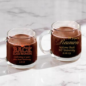 Set of 18 Class Reunion Favors, Class Reunion Personalized Party Favors, Personalized Clear Coffee Handy Mugs Favors DM568