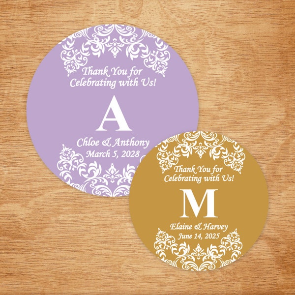 Set of 24 Damask Personalized 2 inches Favor Labels, Damask Wedding Bridal Shower Birthday Personalized Round Labels DM78