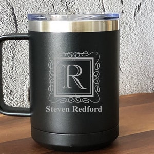 Ornate Frame Personalized Engraved 15 Oz Vacuum Insulated Travel Mug, Coffee Travel Mug, ED51Y, Fathers Day, Birthday Gifts