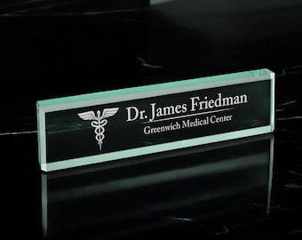 Caduceus Doctor Physician Engraved Personalized Glass Desk Name Plate, Medical Field Desk Name Plates DM229-C