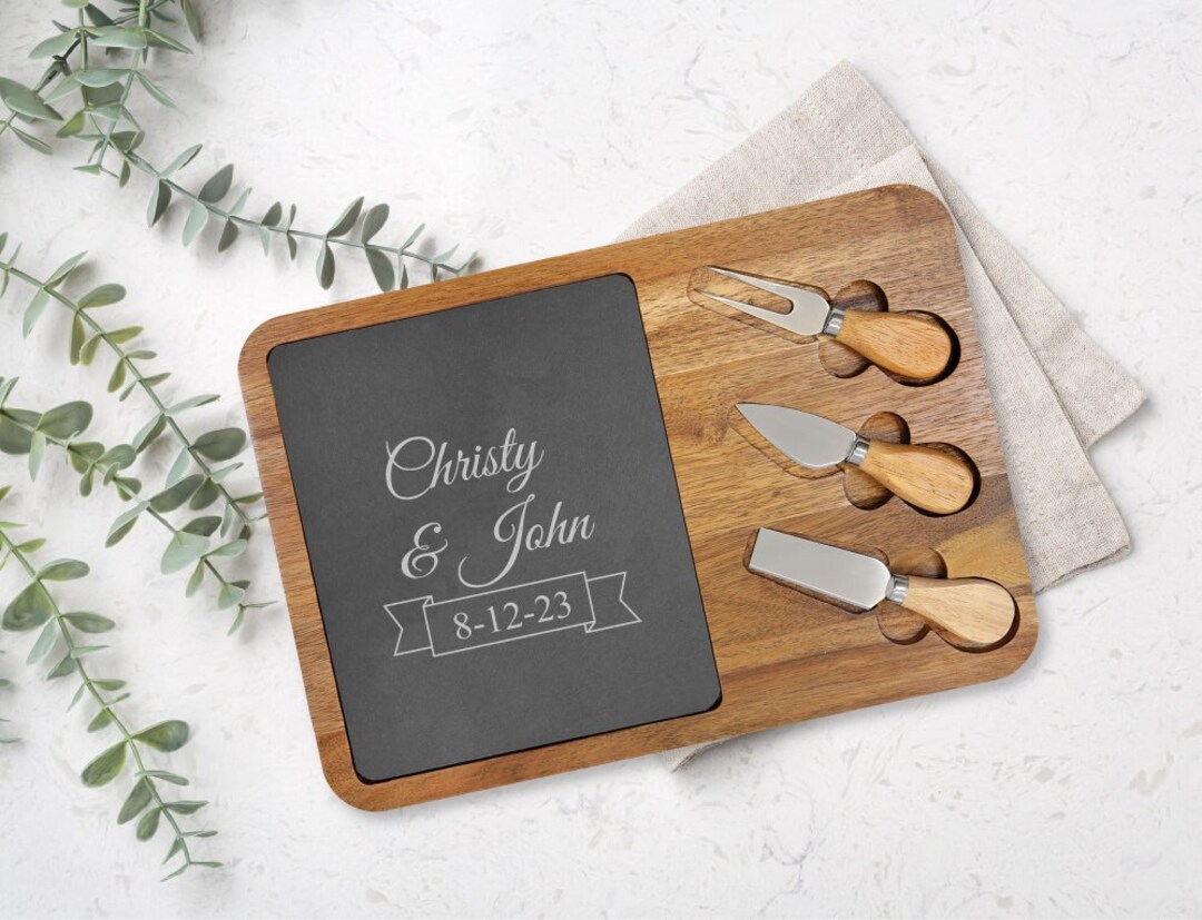 Personalized Acacia Wood Cheese Board & Knife Set: Slate Charcuterie ...