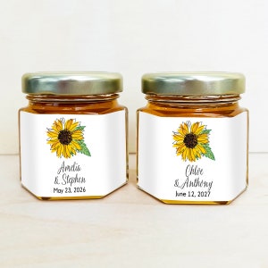 Set of 12 Sunflower Personalized Mini Jar with Honey or Labels, Sunflower Wedding Favors, Honey Party favors DM88