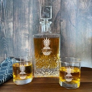 Pineapple Personalized Marquis Icy Whiskey Decanter or Whiskey Rock Glass, Engraved Pineapple Whiskey Decanter Set ED51