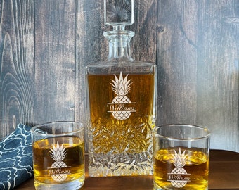 Pineapple Personalized Marquis Icy Whiskey Decanter or Whiskey Rock Glass, Engraved Pineapple Whiskey Decanter Set ED51