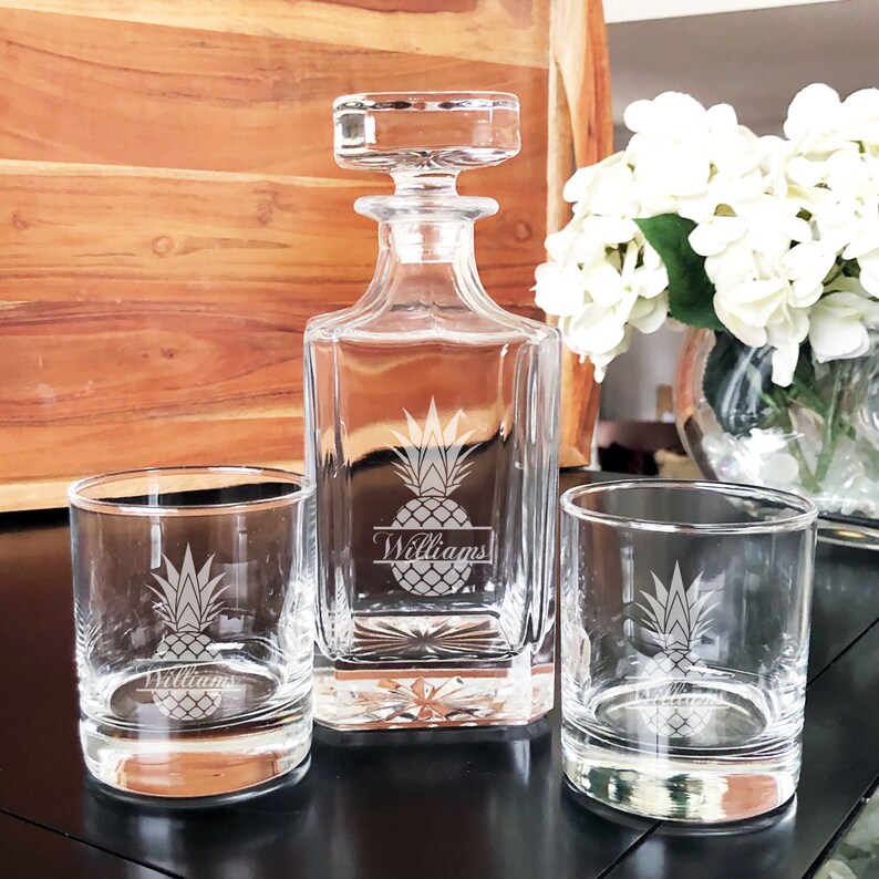 Pineapple Personalized Classic Decanter or Whiskey Rock Glass Etsy