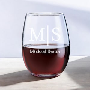 Monogram Custom 15 oz or 9 oz Stemless Wine Glass Monogram Gifts Etched Glass, Personalized Glass Gifts