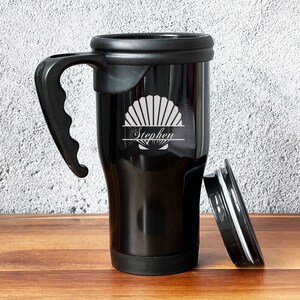 Seashell Personalized Engraved 14 Oz Stainless Steel Travel Mug with Handle, Coffee Travel Mug, Beach Party Gifts, Beach Theme Gifts ED51C