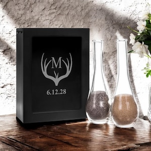 Deer Antler Monogram Design Engraved Unity Sand Ceremony Shadow Box Wedding Set (3-piece) Hunting Rustic Wedding