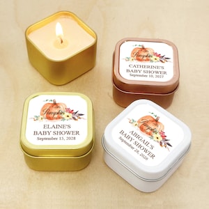 Set of 12 A Little Pumpkin is on the Way Personalized Travel Candle Tins Baby Shower Favors, Personalized Fall Autumn Candle Favors DM119