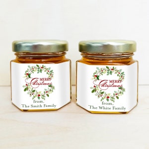 Set of 12 Merry Christmas Personalized Mini Honey Jar Favors Or Labels Only for Honey Jars Holidays Favors DM488