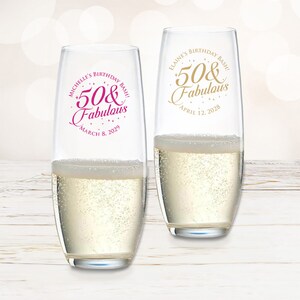 Set of 24 Birthday 50 & Fabulous Personalized Stemless Champagne Flute Favors, 50th Birthday Stemless Champagne Favors DM812