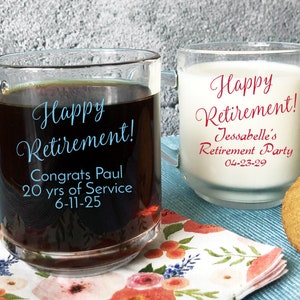 Set of 18 Retirement Favors, Happy Retirement Personalized Clear Coffee Mug Favors, Retirement Clear Coffee Mug Party Favors DM18