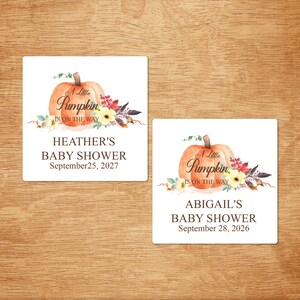 Set of 24 A Little Pumpkin is on the Way Personalized Square Labels, Baby Shower Party Favors, Labels ONLY DM119
