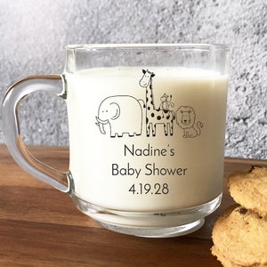 Set of 18 Baby Shower Favors, Personalized Baby Safari Clear Glass Coffee Mug Favors, Clear Coffee Mug Baby Shower Favors DM16