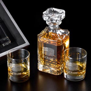 Personalized American Flag Decanter or Whiskey Glass: Etched Patriotic Gift