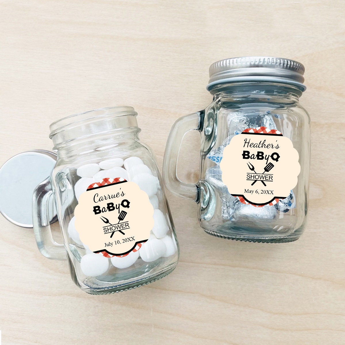 BBQ Baby Shower Favors, Set of 12 Baby-Q Personalized Mini Mason Jar Glass, Personalized Jar Bottle with Labels Favors DM140
