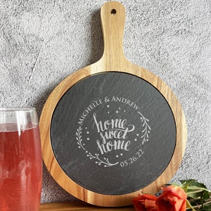 Home Sweet Home Gift Personalized Slate & Wood Paddle Cheese Board, Cheese Board, Cutting Board Gifts, Housewarming Gifts DM99