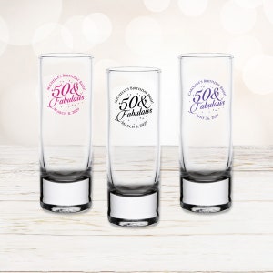 Set of 24 Birthday 50 and Fabulous Personalized Tall Shot Glass Favors, Personalized Tall Shot Glass Fiftieth Birthday Favor DM812