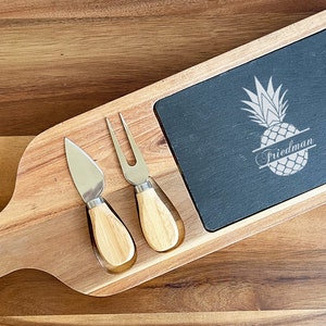 Custom Wine and Cheese Pineapple Personalized Slate & Wood Paddle Cheese Board, Personalized Pineapple Cheese Board, Cutting Board Gifts