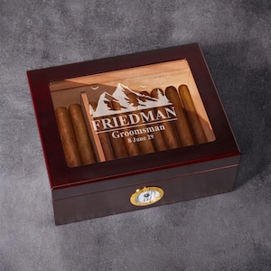 Groomsmen Personalized Engraved Cherry Wood Cigar Humidor 50 Count Cigar Box, Best Man Gifts DM83