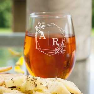 Geometric Monogram Initial Custom 15 oz or 9 oz Stemless Wine Glass Wine Lovers Gifts DM-ED51M, Etched Glass, Stemless