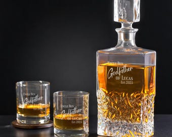 Godfather Personalized Marquis Icy Whiskey Decanter or Whiskey Rock Glass, Engraved Godfather Padrino Whiskey Decanter Set DM64-Y8