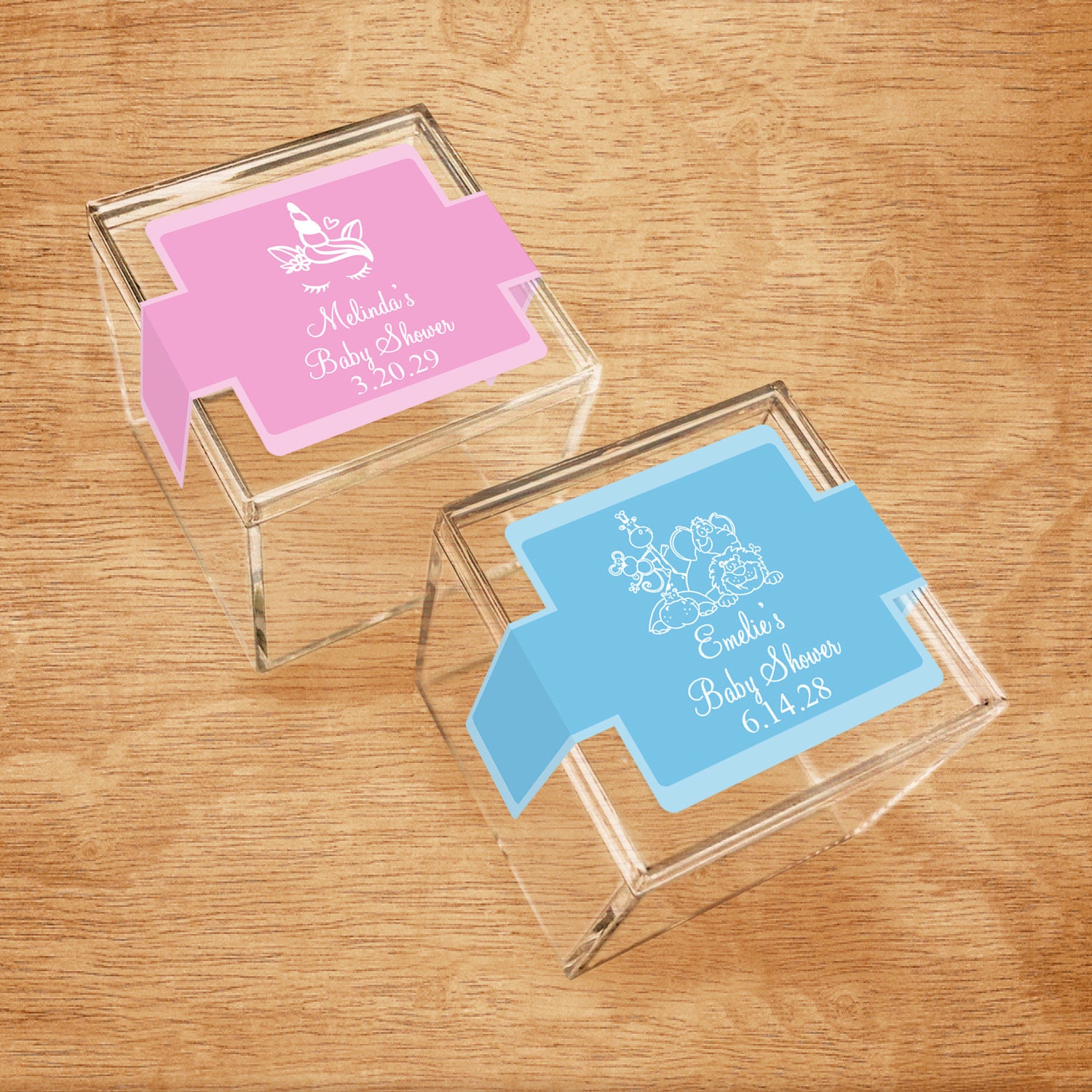 Set of 10 Baby Shower Personalized Square Shaped Plastic Favor Box with Stickers, Baby Shower Personalized Favor Box DM6