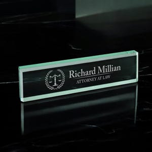 Engraved Glass Lawyer Desk Name Plate: Personalized Attorney Gift