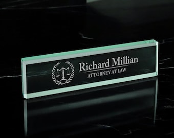 Engraved Glass Lawyer Desk Name Plate: Personalized Attorney Gift