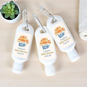 Personalized Sunscreen  Baby Shower Favors with Carabiner: SPF 30, Here Comes the Son
