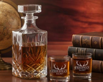 Personalized Hunting Decanter & Whiskey Glass Set: Engraved Deer Design