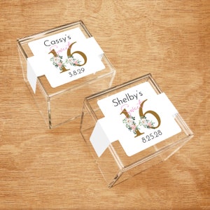 Set of 10 Sweet 16 Flowers Personalized Clear Acrylic Square Cubes Treat Boxes, Sweet 16 Birthday Personalized Acrylic Favor Boxes DM106