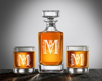 Decorative Initial Personalized Whiskey Decanter Set of Whiskey Rock Glass Gifts, Personalized Engraved Decanter Set  DM885