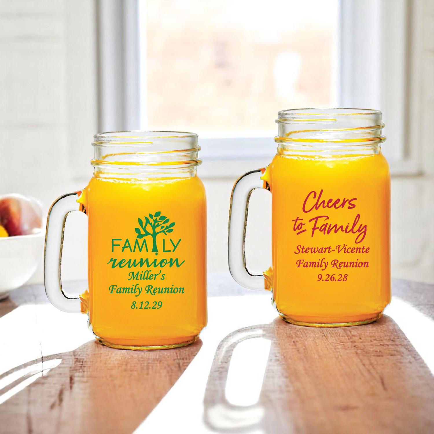 Set of 18 Family Reunion Personalized 16 oz. Mason Jar Drinking Glass Party Favors, Family Cousins Favors, Relatives Mason Mugs Gifts DM130