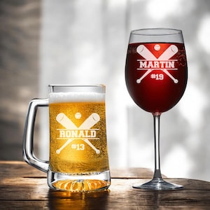 Baseball Personalized Engraved Beer Mug, Wine Glass Engraved Gift Set, Glassware Gifts, Unique Baseball Gifts, Baseball Fan Gifts DM166