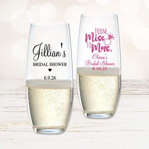 Set of 24 Bridal Shower Personalized Stemless Champagne Flute Toasting Glass Favors, Bridal Shower Stemless Champagne Flutes Favors DM2