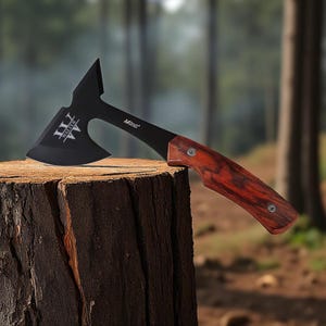May include: A black hatchet with a wooden handle rests on a tree stump. The hatchet features the word "Walter" in white lettering on the blade and the word "Mist" on the side. The handle is a reddish-brown color.