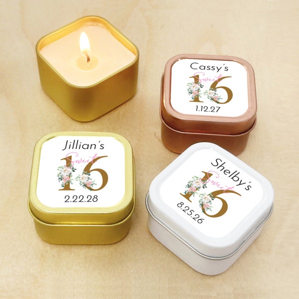 Set of 12 Personalized Sweet 16 Flowers Labels with Mini Travel Candle Tins Sweet Sixteen Personalized Candle Tin Party Favors DM106