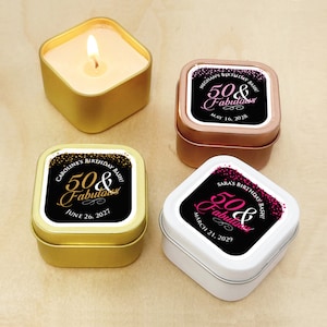 Set of 12 Birthday 50 and Fabulous Personalized Travel Candle Tins, Fiftieth Birthday Travel Candle Favors with Labels DM812
