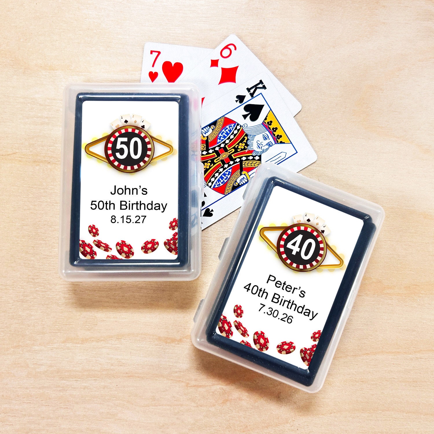 Las Vegas Birthday Favors, Casino Birthday Personalized Playing Cards Party Favors, Playing Cards Favors with Labels SKU:DM146 - Set of 10