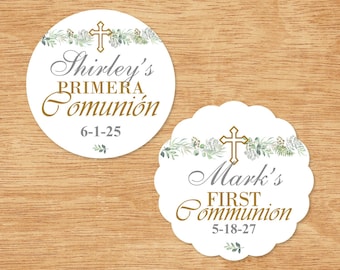 Personalized First Communion Round Labels: Floral Cross, Set of 24