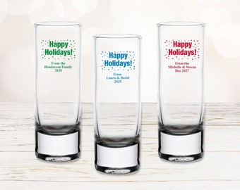 Set of 24 Happy Holidays Personalized Tall Shot Glass Favors, Personalized Tall Shot Glass, Holidays Party Favors DM128