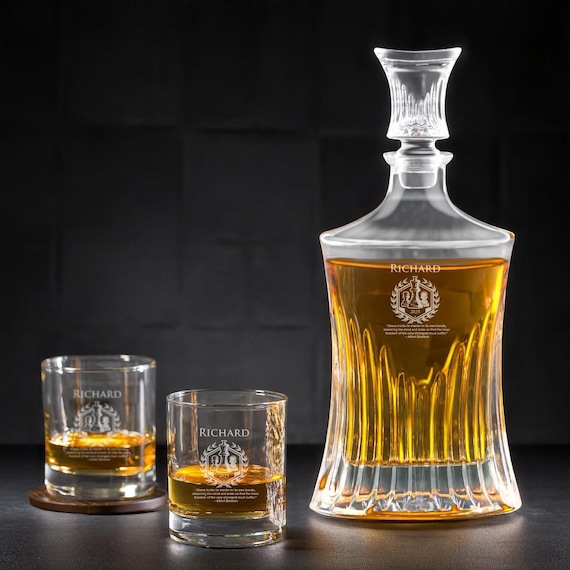 A whiskey decanter set where the stoppers are engraved chess pieces — functional barware meets a clever game-themed twist that makes it genuinely gift-worthy.